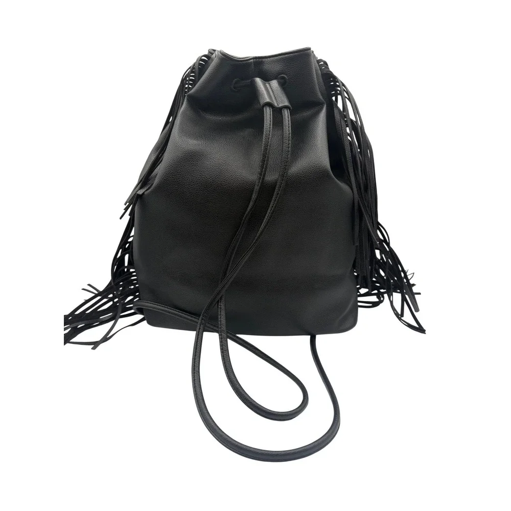 Victoria's Secret Bucket Bag Womens Large Black Excellent Fringe Drawstring‎